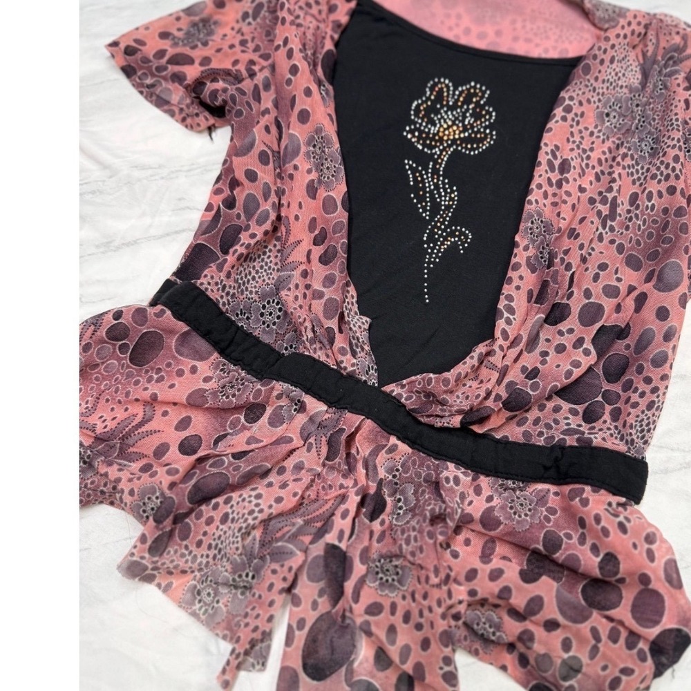 Vintage Y2K Pink Mesh Floral Layered Rhinestone Graphic Top Short Sleeve Pink L - Picture 4 of 4